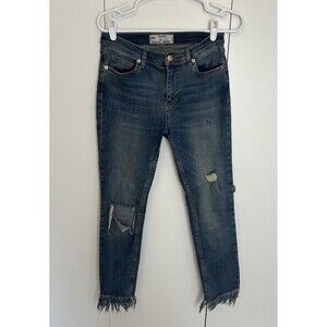 Free People Jeans Womens Sz 27 Blue Fringe Raw Hem Stretch Distressed Skinny